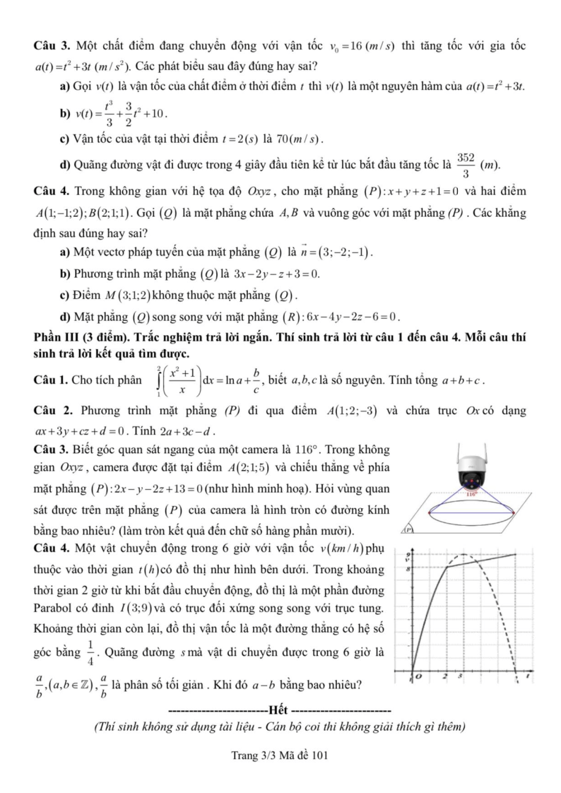 Đề thi Giữa kì 2 Toán 12 trường THPT Nguyễn Tất Thành (Tp.HCM) năm 2024-2025