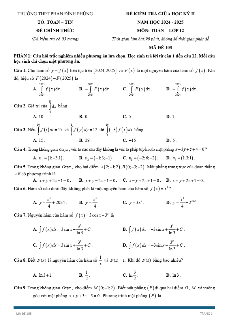 Đề thi Giữa kì 2 Toán 12 trường THPT Phan Đình Phùng (Hà Nội) năm 2024-2025