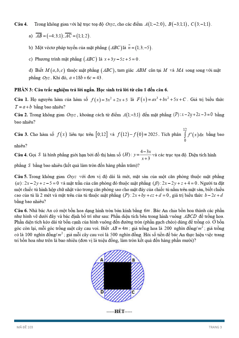 Đề thi Giữa kì 2 Toán 12 trường THPT Phan Đình Phùng (Hà Nội) năm 2024-2025