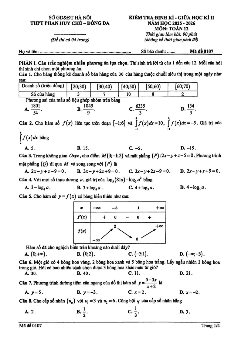 Đề thi Giữa kì 2 Toán 12 trường THPT Phan Huy Chú (Hà Nội) năm 2025-2026