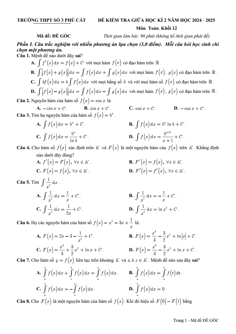 Đề thi Giữa kì 2 Toán 12 trường THPT Phù Cát 3 (Bình Định) năm 2024-2025