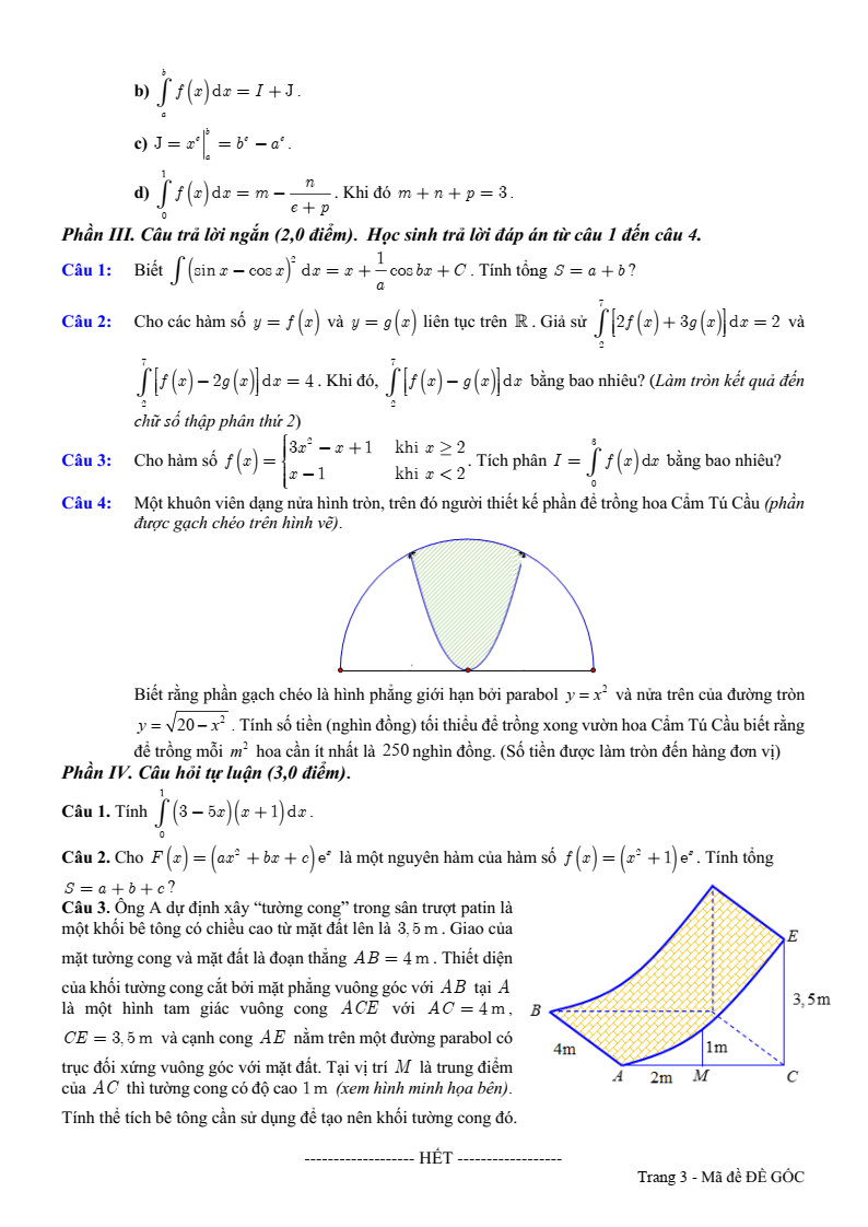 Đề thi Giữa kì 2 Toán 12 trường THPT Phù Cát 3 (Bình Định) năm 2024-2025