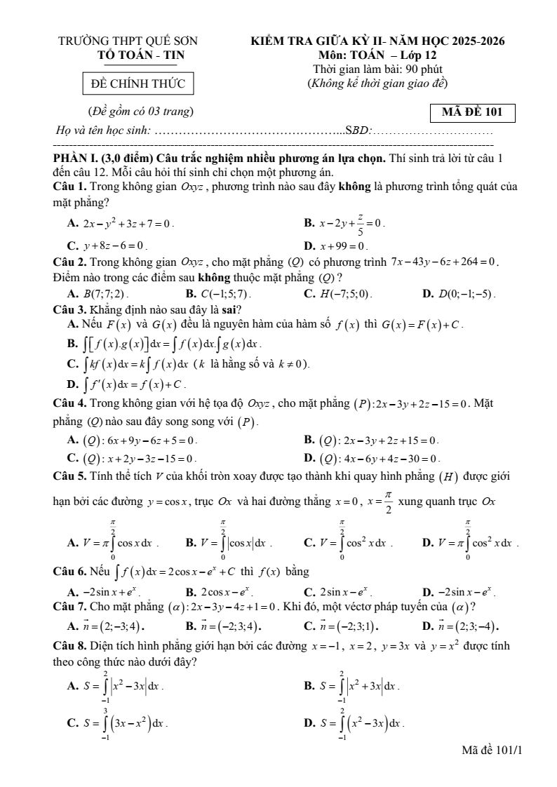 Đề thi Giữa kì 2 Toán 12 trường THPT Quế Sơn (Đà Nẵng) năm 2025-2026