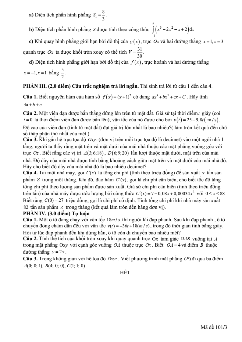 Đề thi Giữa kì 2 Toán 12 trường THPT Quế Sơn (Đà Nẵng) năm 2025-2026