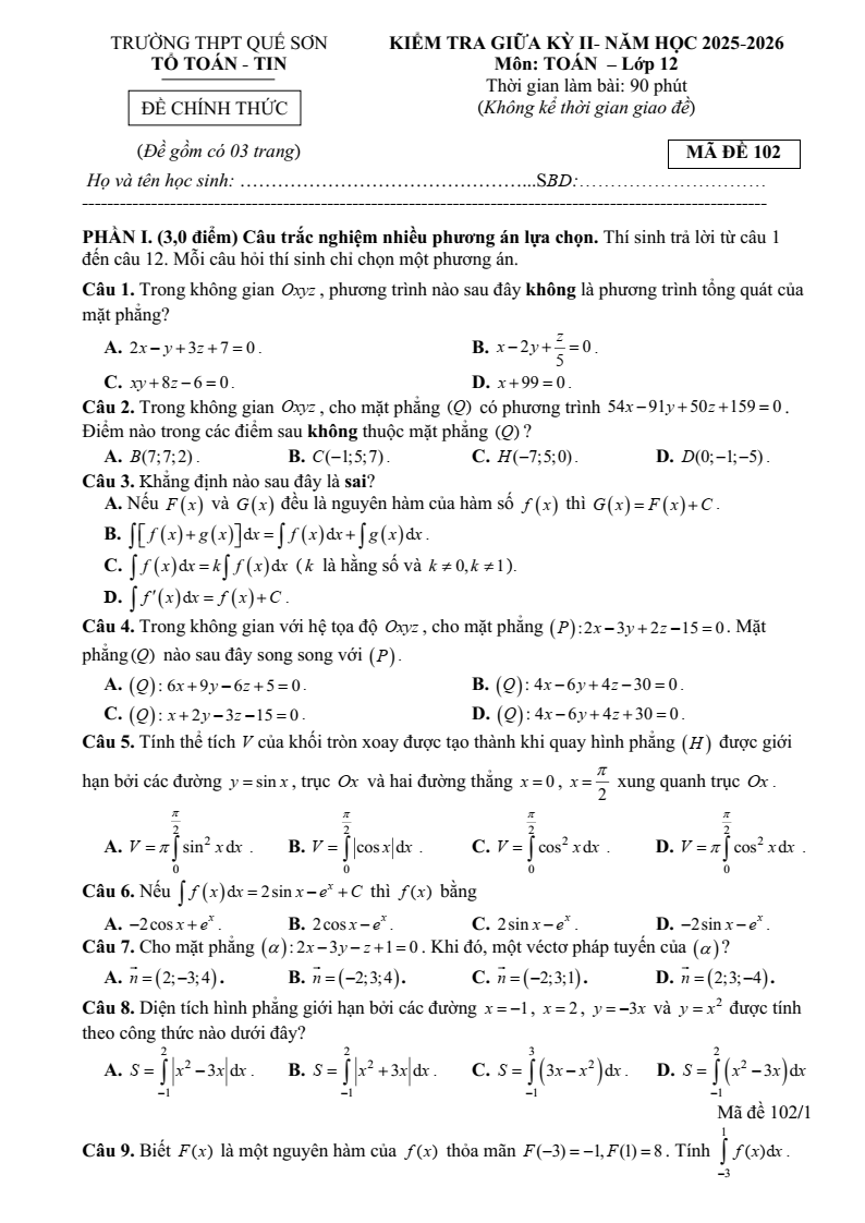 Đề thi Giữa kì 2 Toán 12 trường THPT Quế Sơn (Đà Nẵng) năm 2025-2026