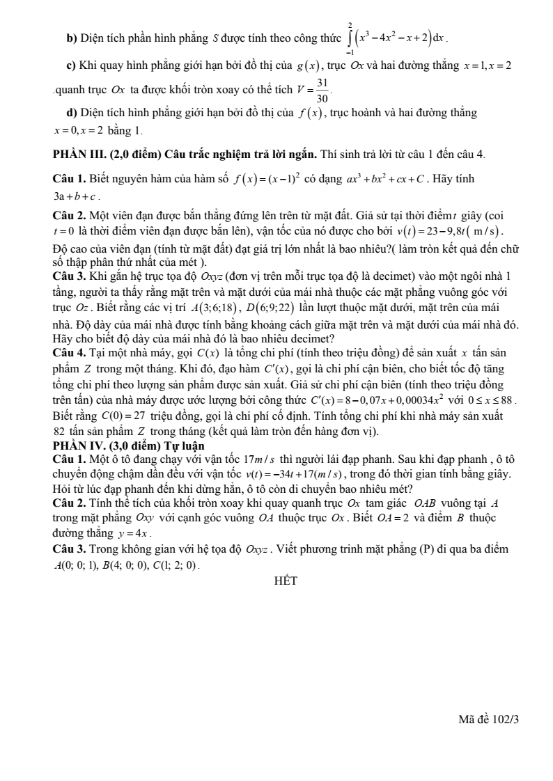 Đề thi Giữa kì 2 Toán 12 trường THPT Quế Sơn (Đà Nẵng) năm 2025-2026