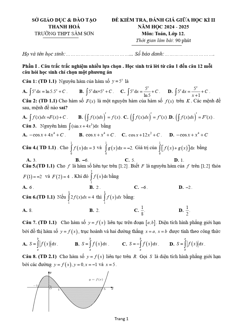 Đề thi Giữa kì 2 Toán 12 trường THPT Sầm Sơn (Thanh Hóa) năm 2024-2025