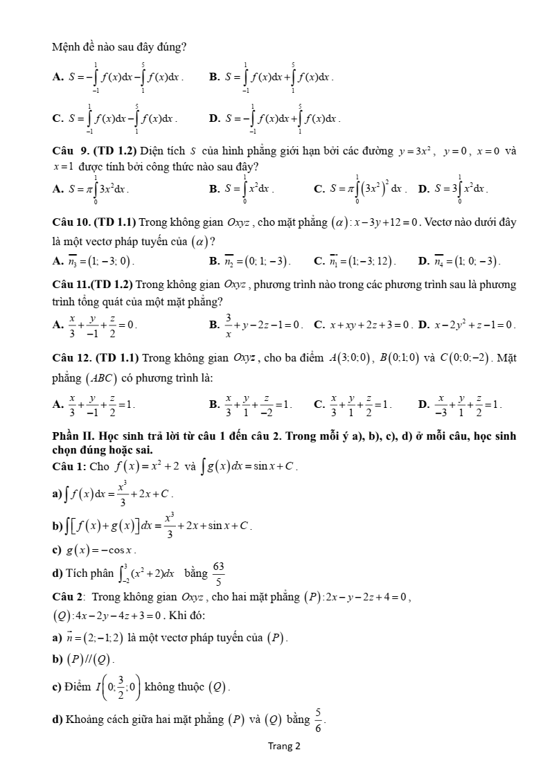 Đề thi Giữa kì 2 Toán 12 trường THPT Sầm Sơn (Thanh Hóa) năm 2024-2025