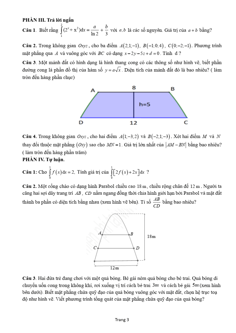 Đề thi Giữa kì 2 Toán 12 trường THPT Sầm Sơn (Thanh Hóa) năm 2024-2025