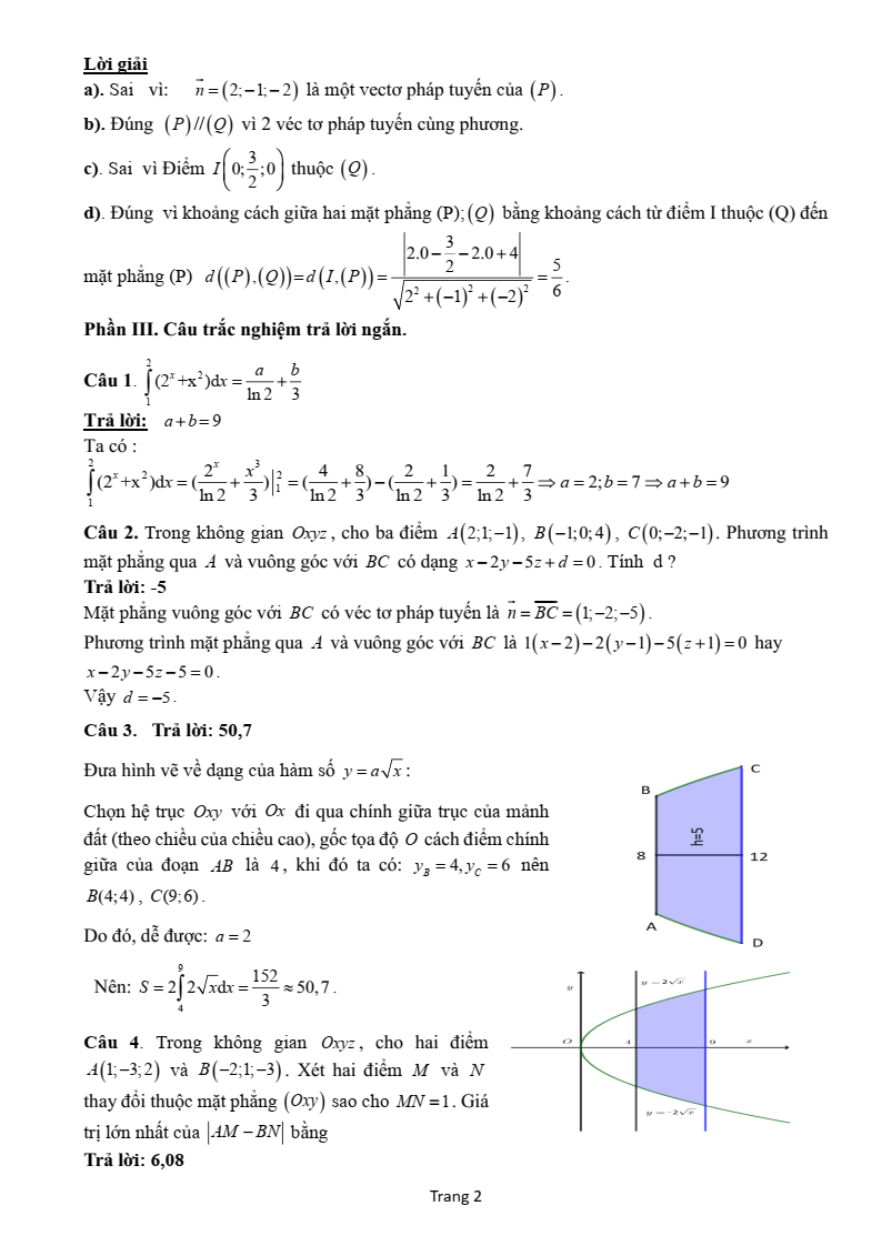 Đề thi Giữa kì 2 Toán 12 trường THPT Sầm Sơn (Thanh Hóa) năm 2024-2025