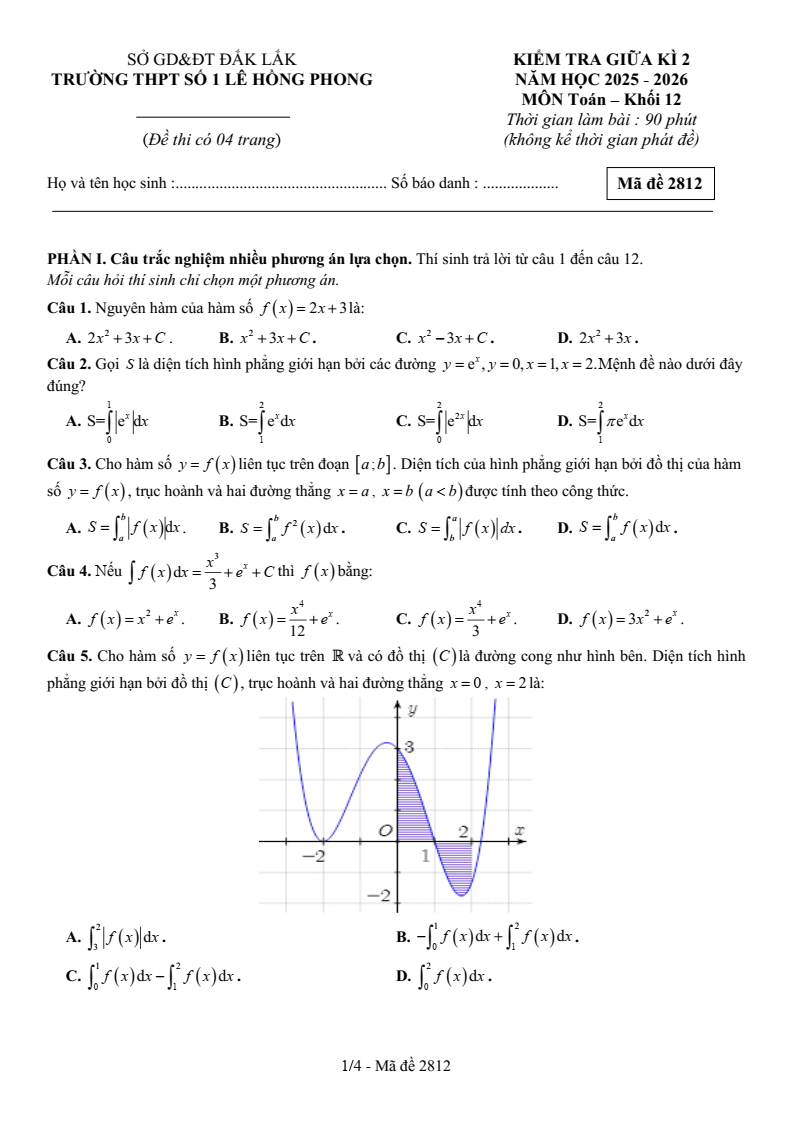 Đề thi Giữa kì 2 Toán 12 trường THPT Số 1 Lê Hồng Phong (Đắk Lắk) năm 2025-2026