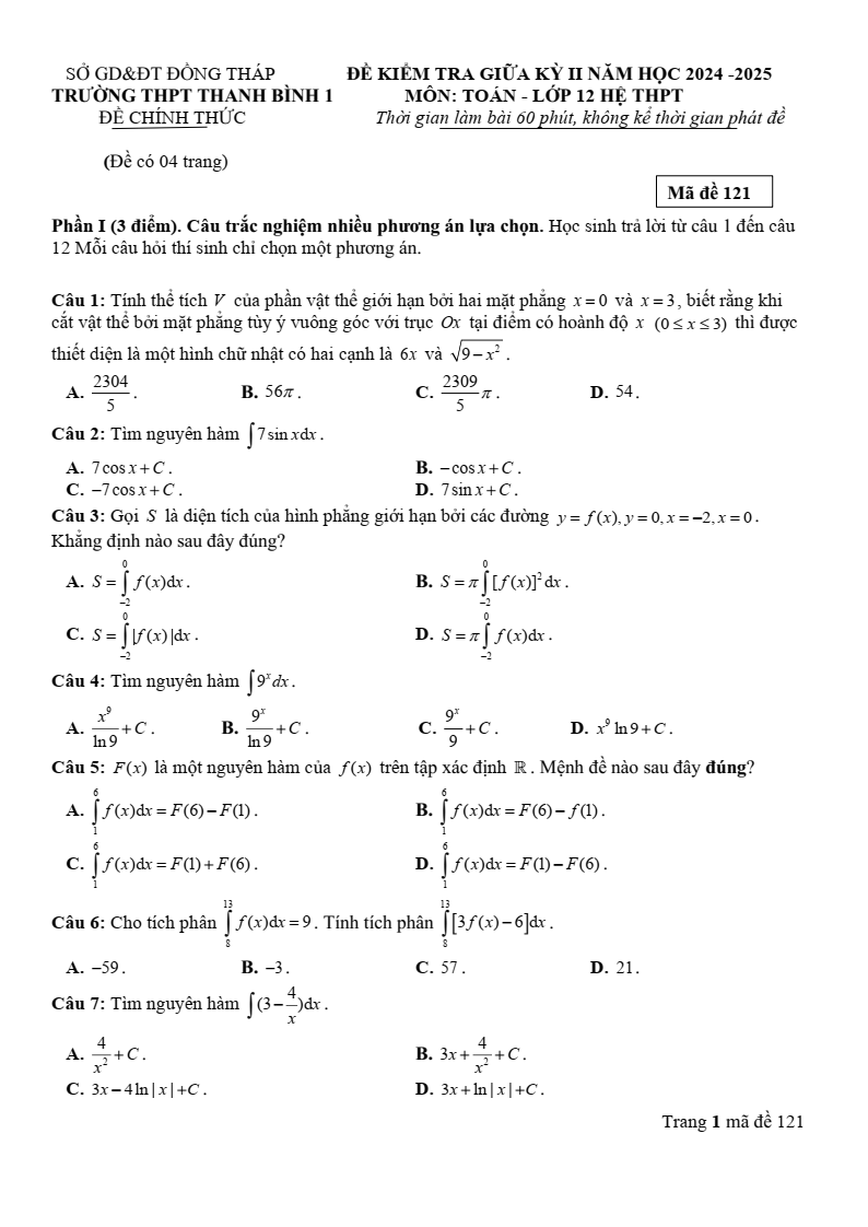 Đề thi Giữa kì 2 Toán 12 trường THPT Thanh Bình 1 (Đồng Tháp) năm 2024-2025