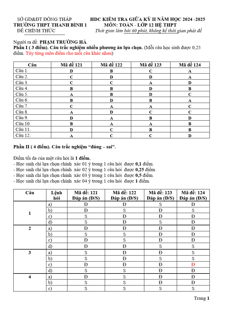 Đề thi Giữa kì 2 Toán 12 trường THPT Thanh Bình 1 (Đồng Tháp) năm 2024-2025