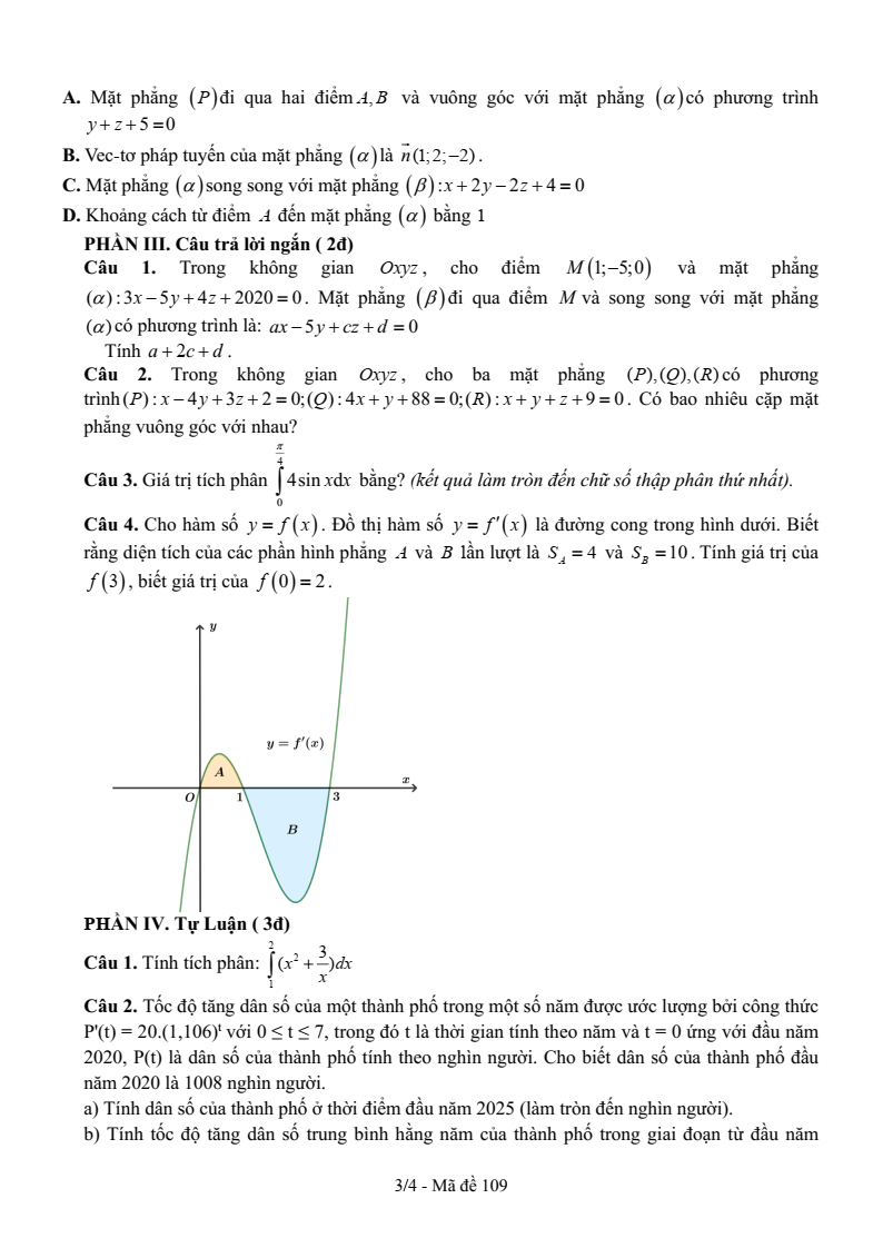 Đề thi Giữa kì 2 Toán 12 trường THPT Thanh Hòa (Bình Phước) năm 2024-2025