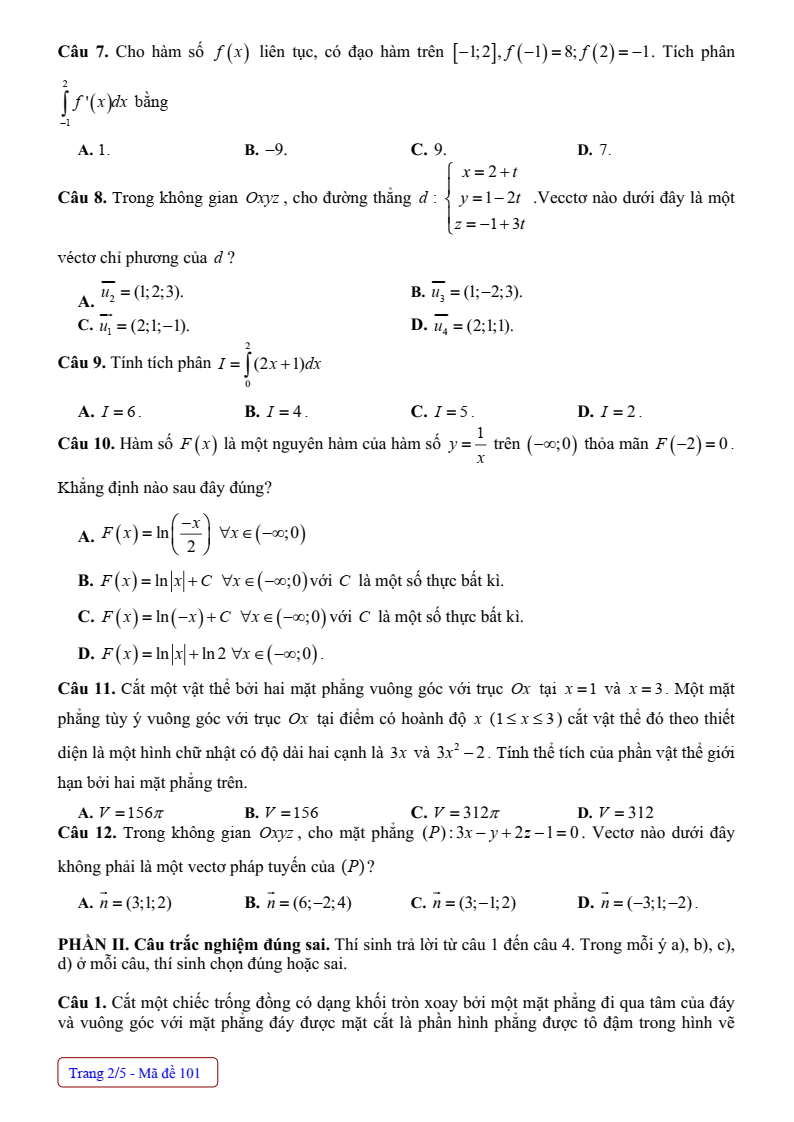 Đề thi Giữa kì 2 Toán 12 trường THPT Thanh Miện (Hải Dương) năm 2024-2025