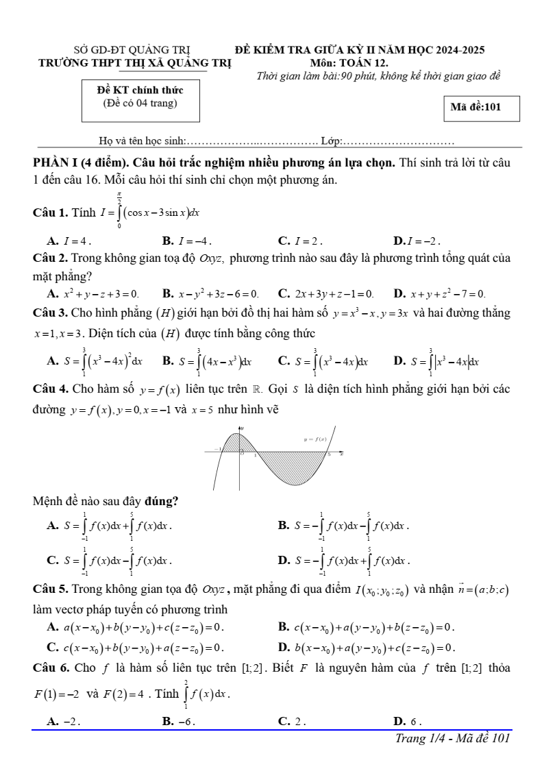 Đề thi Giữa kì 2 Toán 12 trường THPT Thị xã Quảng Trị năm 2024-2025