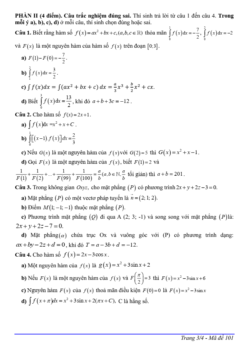 Đề thi Giữa kì 2 Toán 12 trường THPT Thị xã Quảng Trị năm 2024-2025