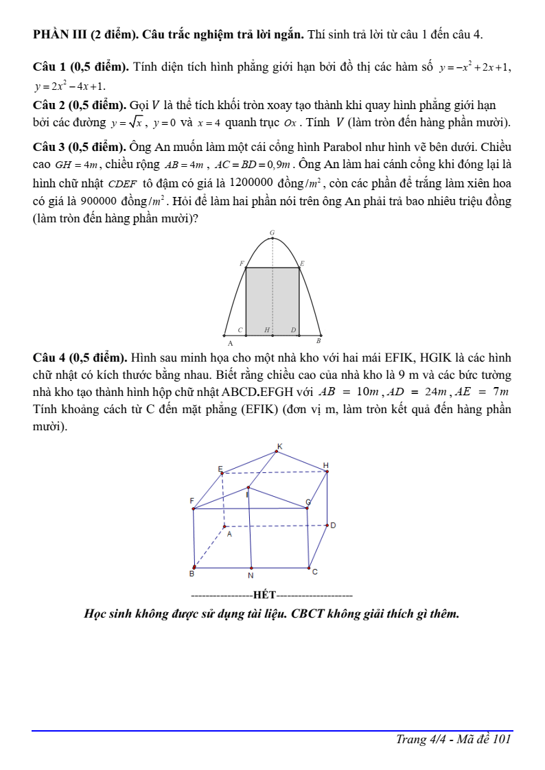 Đề thi Giữa kì 2 Toán 12 trường THPT Thị xã Quảng Trị năm 2024-2025