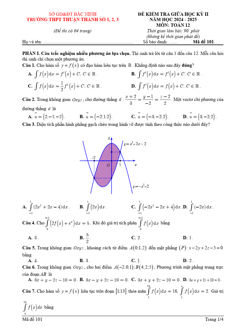 Đề thi Giữa kì 2 Toán 12 trường THPT Thuận Thành 1-2-3 (Bắc Ninh) năm 2024-2025