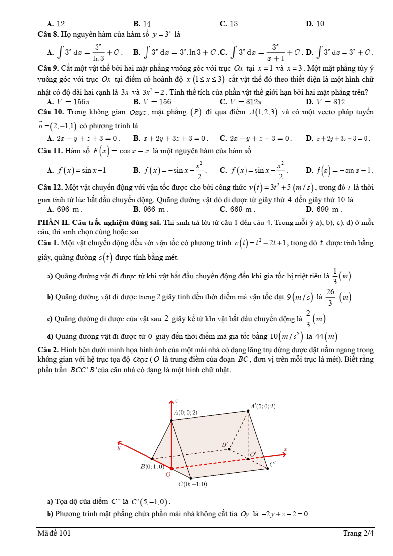 Đề thi Giữa kì 2 Toán 12 trường THPT Thuận Thành 1-2-3 (Bắc Ninh) năm 2024-2025