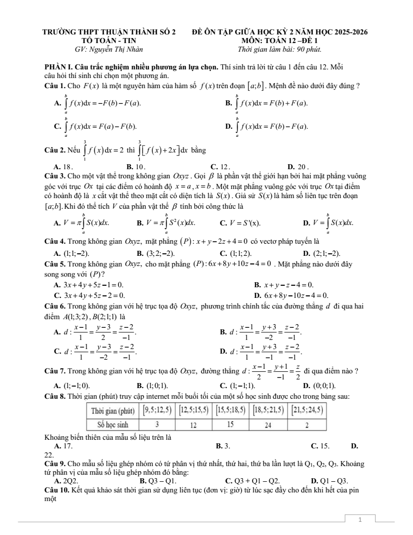 Đề thi Giữa kì 2 Toán 12 trường THPT Thuận Thành Số 2 (Bắc Ninh) năm 2025-2026