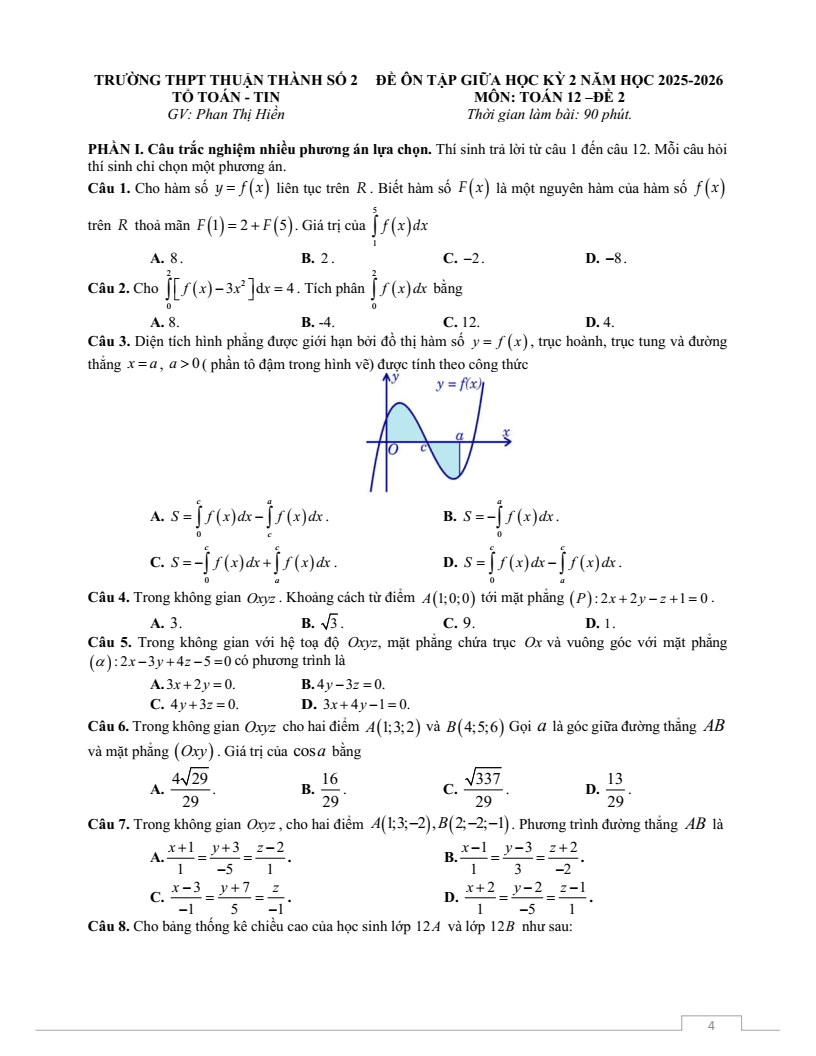 Đề thi Giữa kì 2 Toán 12 trường THPT Thuận Thành Số 2 (Bắc Ninh) năm 2025-2026