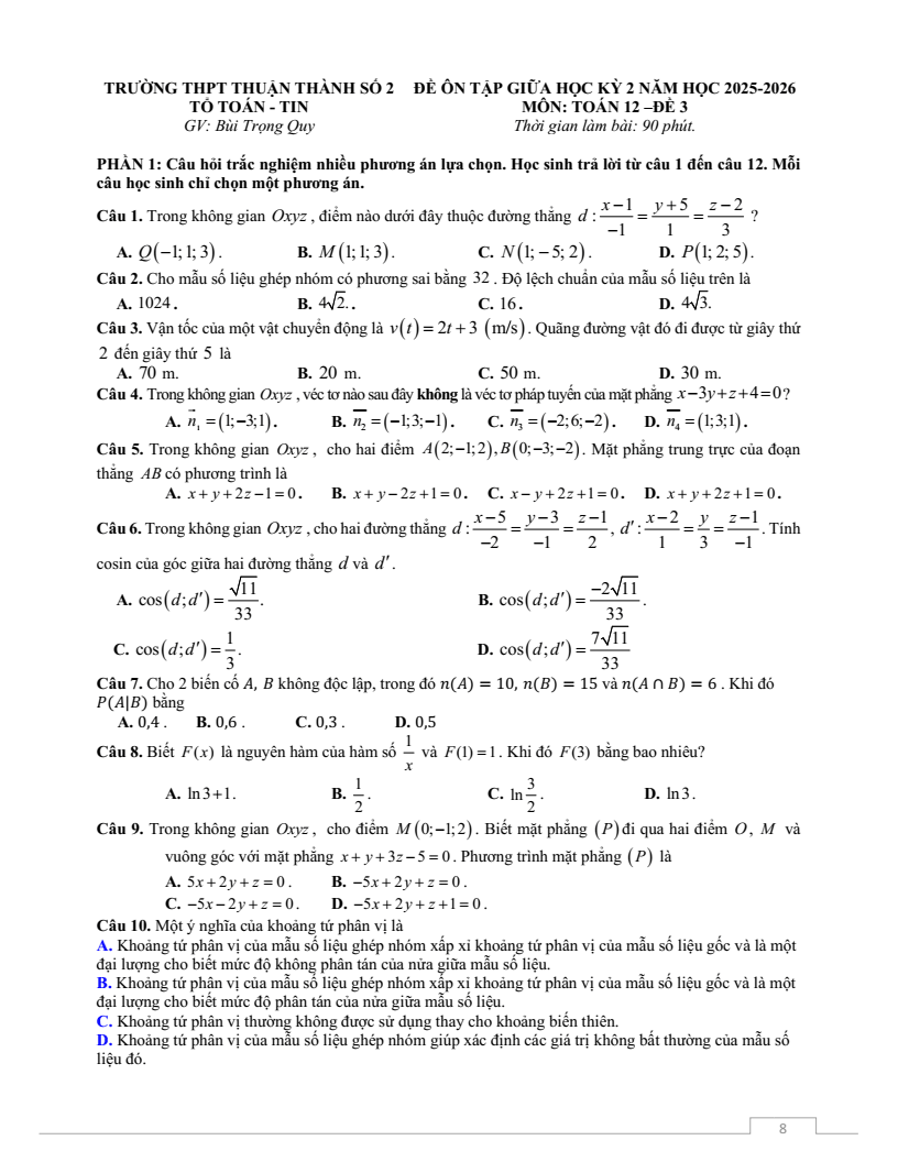 Đề thi Giữa kì 2 Toán 12 trường THPT Thuận Thành Số 2 (Bắc Ninh) năm 2025-2026