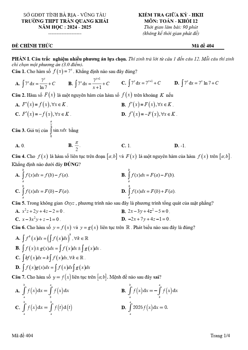 Đề thi Giữa kì 2 Toán 12 trường THPT Trần Quang Khải (Bà Rịa - Vũng Tàu) năm 2024-2025