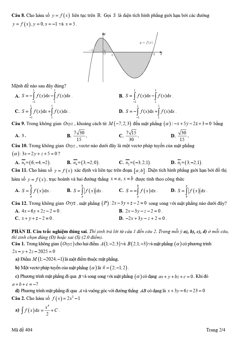 Đề thi Giữa kì 2 Toán 12 trường THPT Trần Quang Khải (Bà Rịa - Vũng Tàu) năm 2024-2025