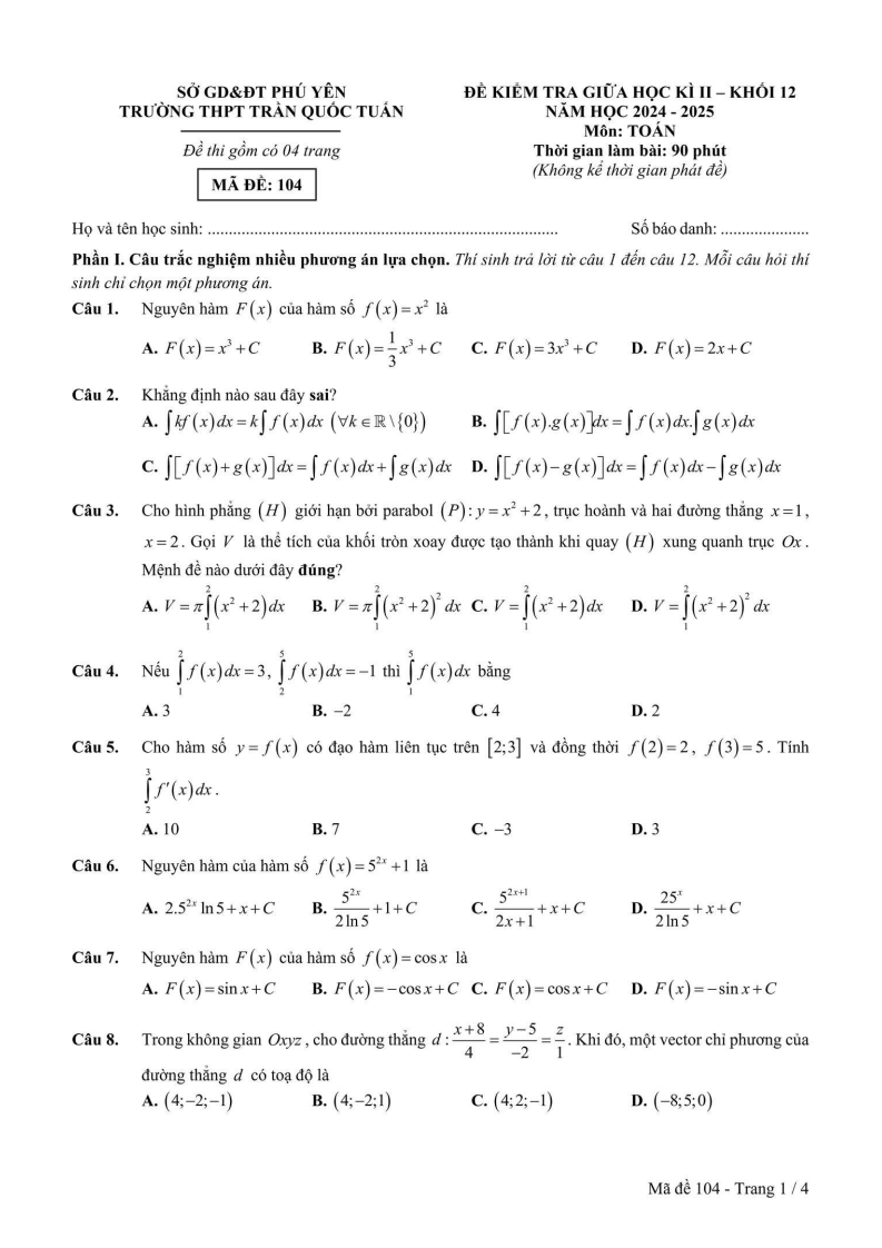 Đề thi Giữa kì 2 Toán 12 trường THPT Trần Quốc Tuấn (Phú Yên) năm 2024-2025