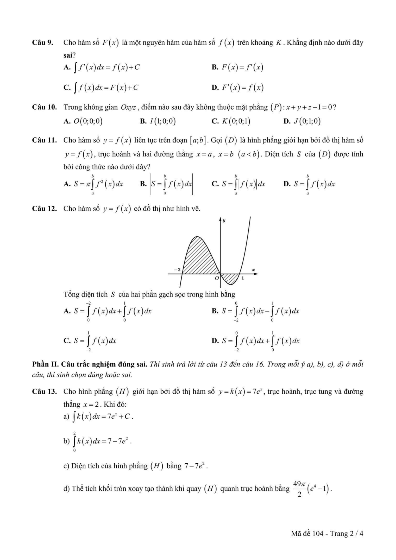 Đề thi Giữa kì 2 Toán 12 trường THPT Trần Quốc Tuấn (Phú Yên) năm 2024-2025