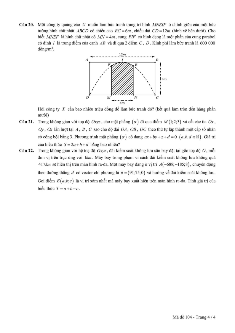 Đề thi Giữa kì 2 Toán 12 trường THPT Trần Quốc Tuấn (Phú Yên) năm 2024-2025