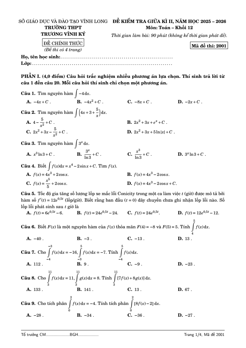 Đề thi Giữa kì 2 Toán 12 trường THPT Trương Vĩnh Ký (Vĩnh Long) năm 2025-2026