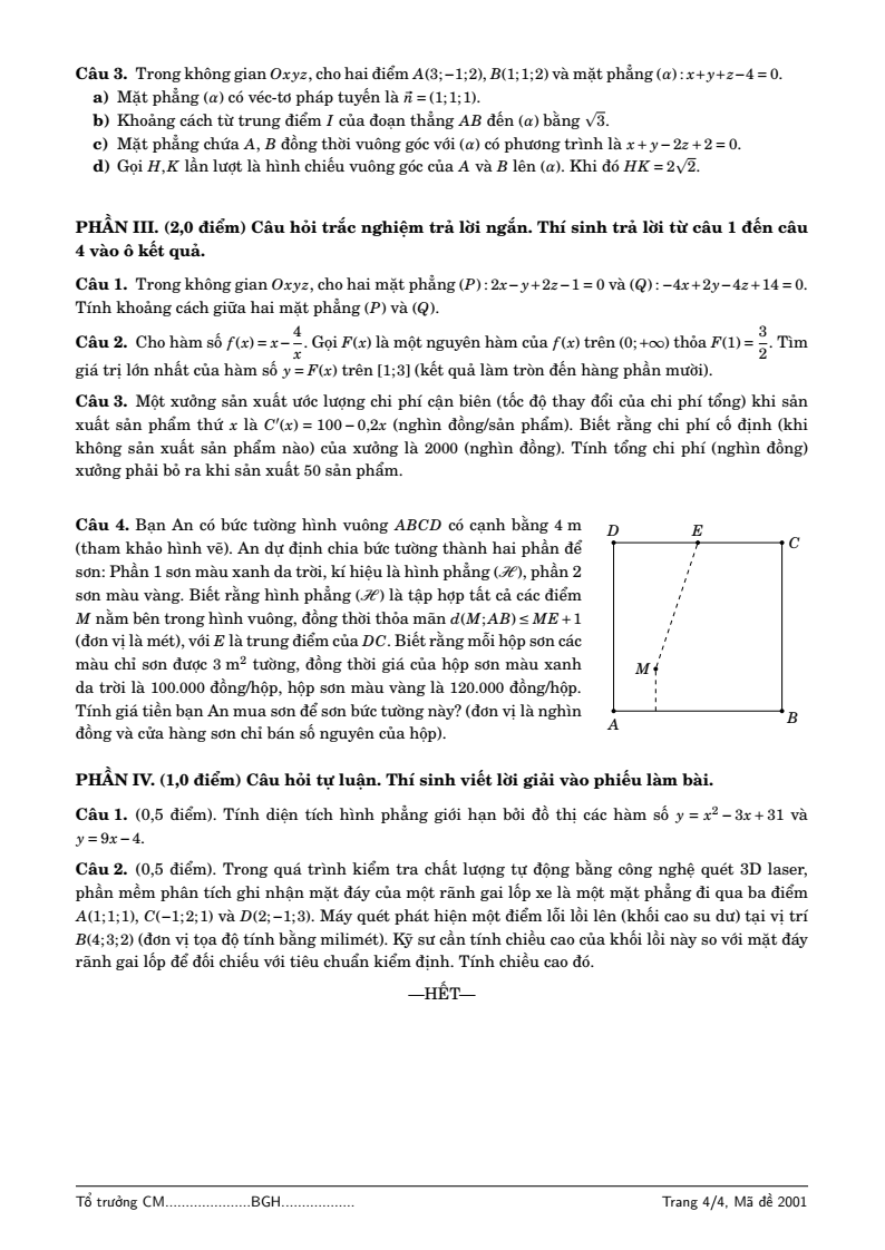 Đề thi Giữa kì 2 Toán 12 trường THPT Trương Vĩnh Ký (Vĩnh Long) năm 2025-2026