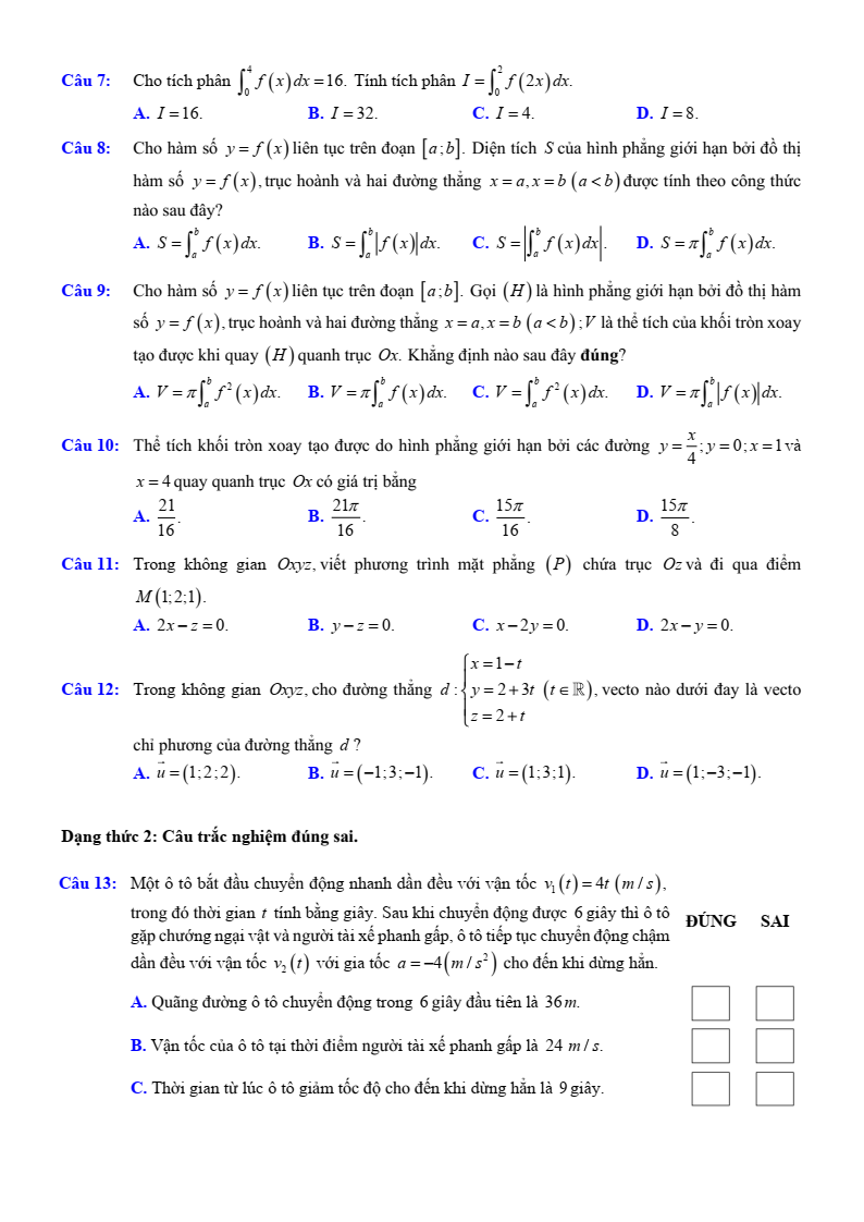 Đề thi Giữa kì 2 Toán 12 trường THPT Việt Đức (Hà Nội) năm 2024-2025
