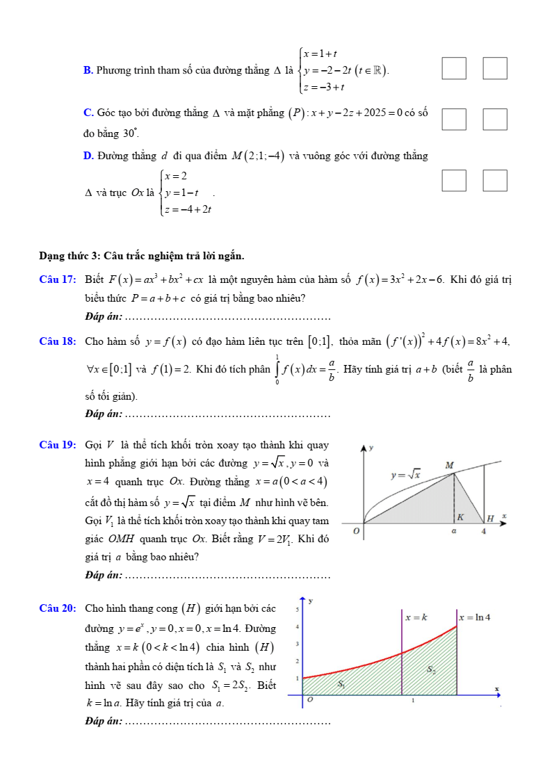 Đề thi Giữa kì 2 Toán 12 trường THPT Việt Đức (Hà Nội) năm 2024-2025