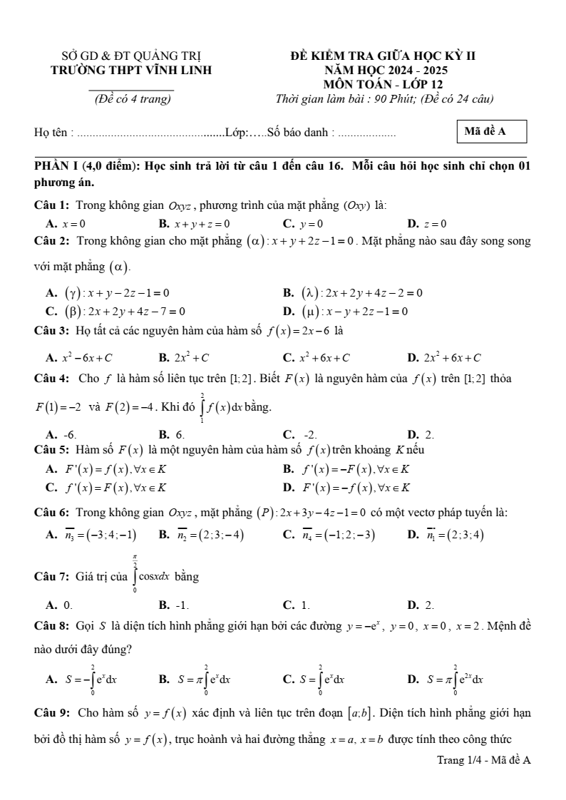Đề thi Giữa kì 2 Toán 12 trường THPT Vĩnh Linh (Quảng Trị) năm 2024-2025