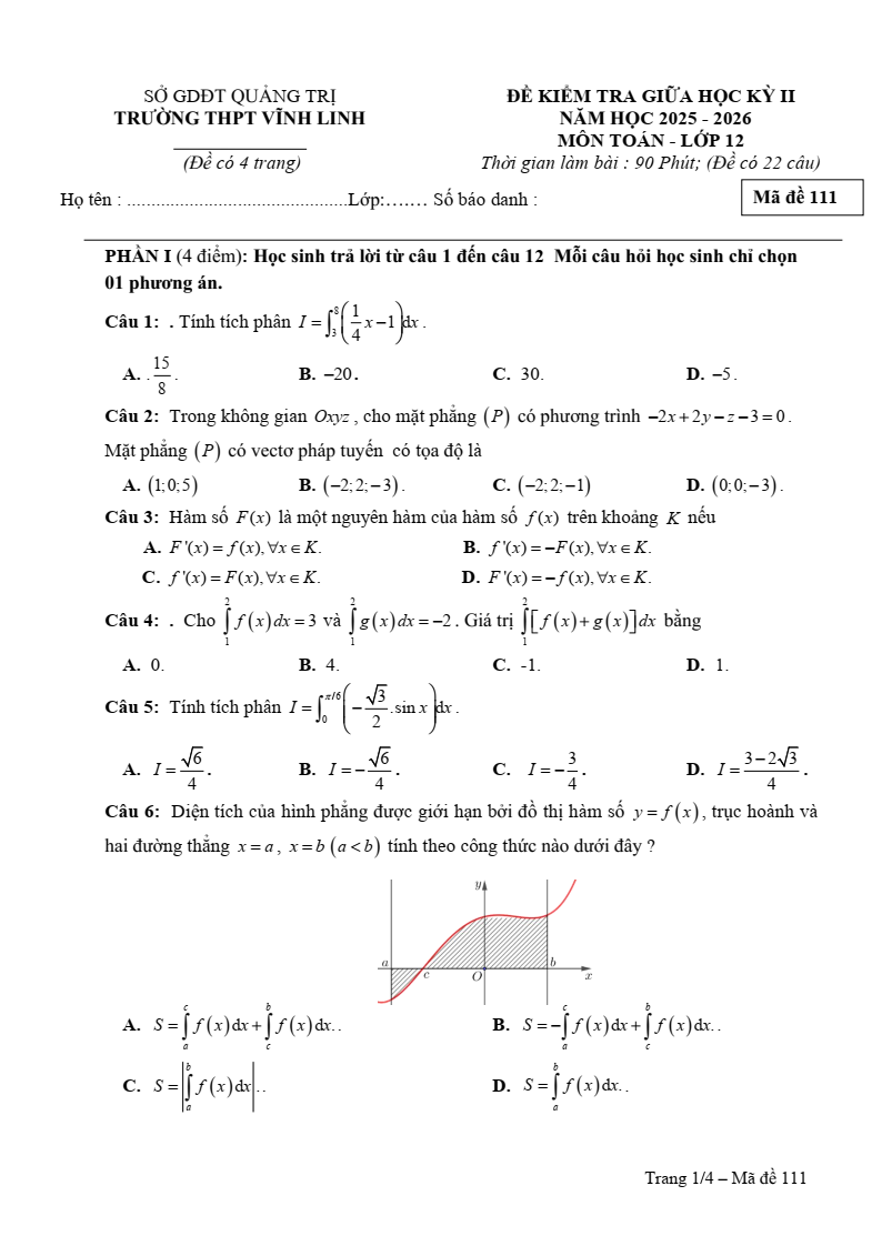 Đề thi Giữa kì 2 Toán 12 trường THPT Vĩnh Linh (Quảng Trị) năm 2025-2026