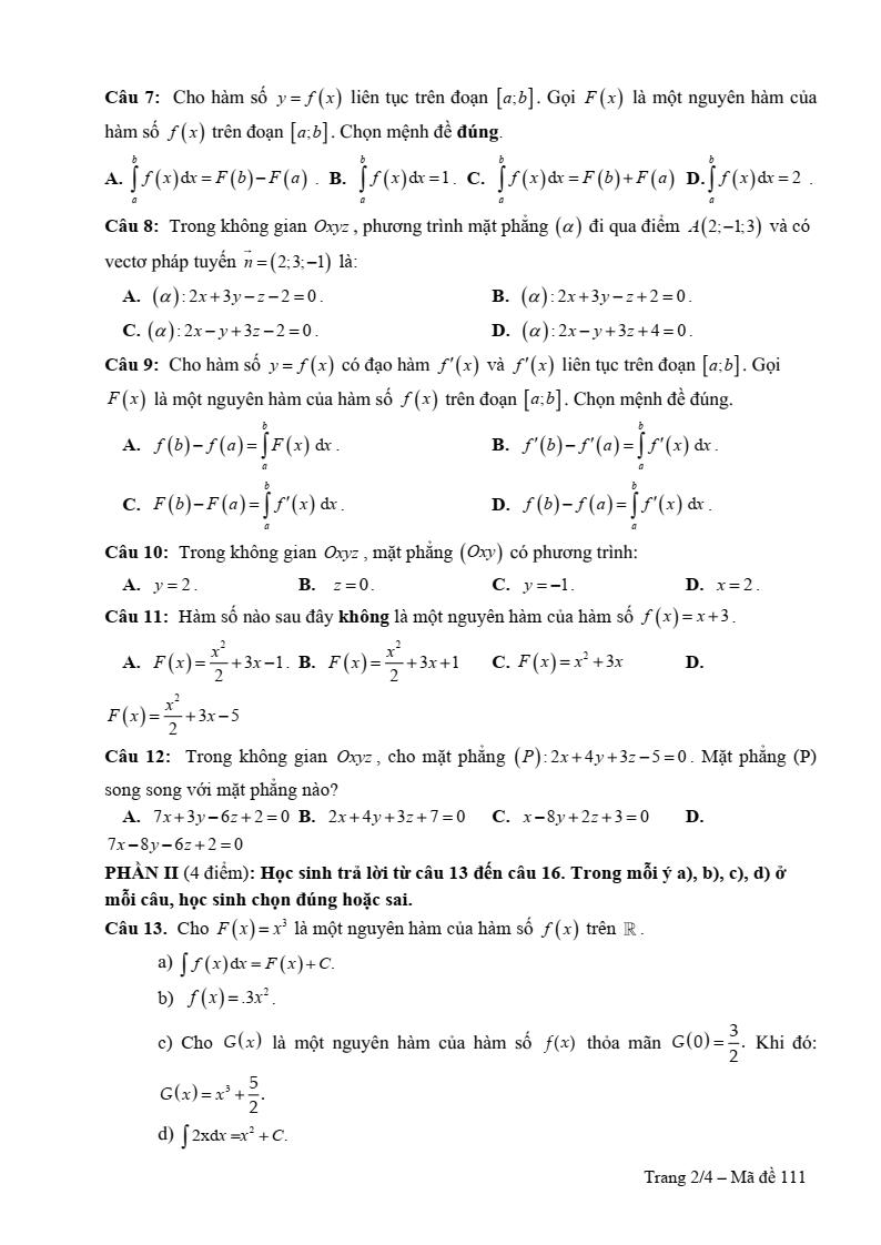 Đề thi Giữa kì 2 Toán 12 trường THPT Vĩnh Linh (Quảng Trị) năm 2025-2026