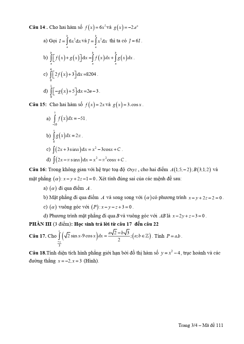Đề thi Giữa kì 2 Toán 12 trường THPT Vĩnh Linh (Quảng Trị) năm 2025-2026