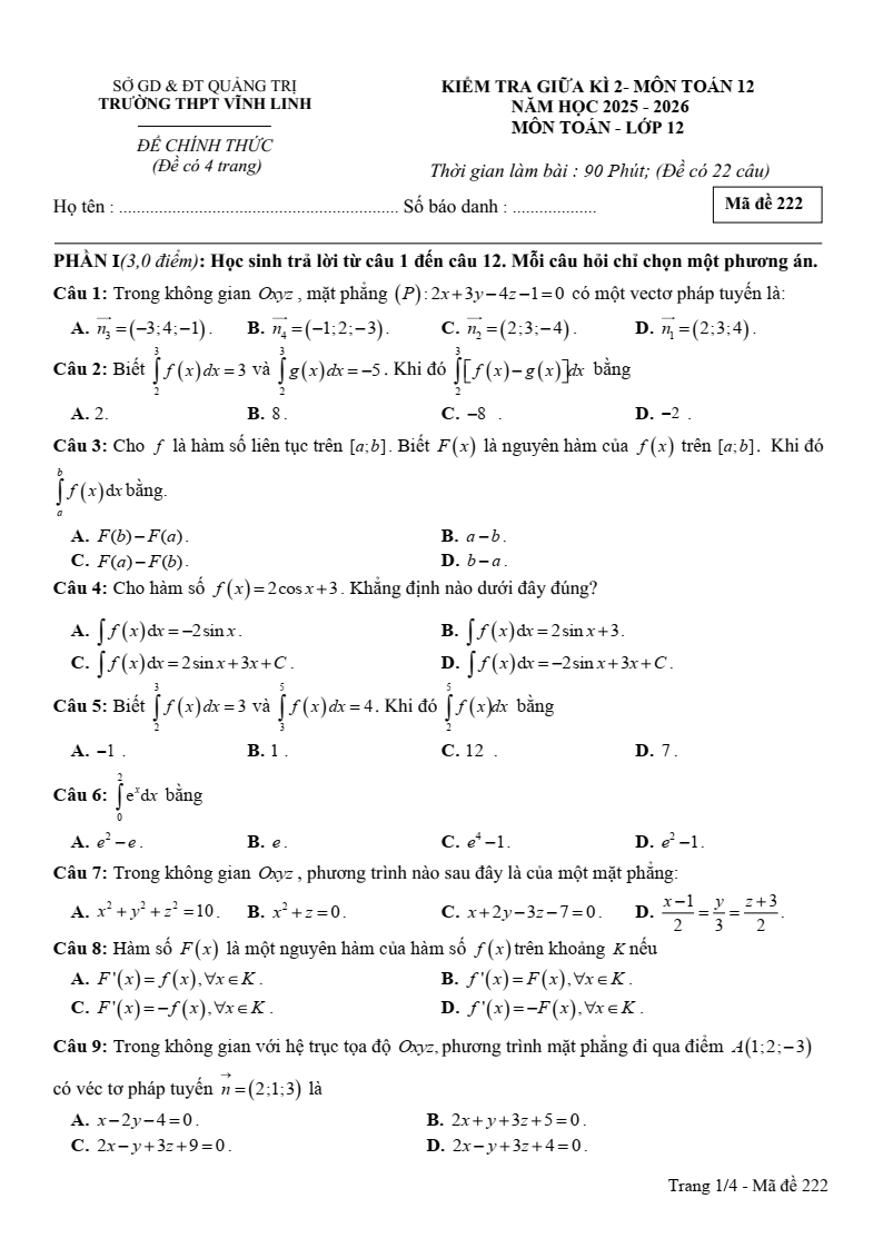 Đề thi Giữa kì 2 Toán 12 trường THPT Vĩnh Linh (Quảng Trị) năm 2025-2026
