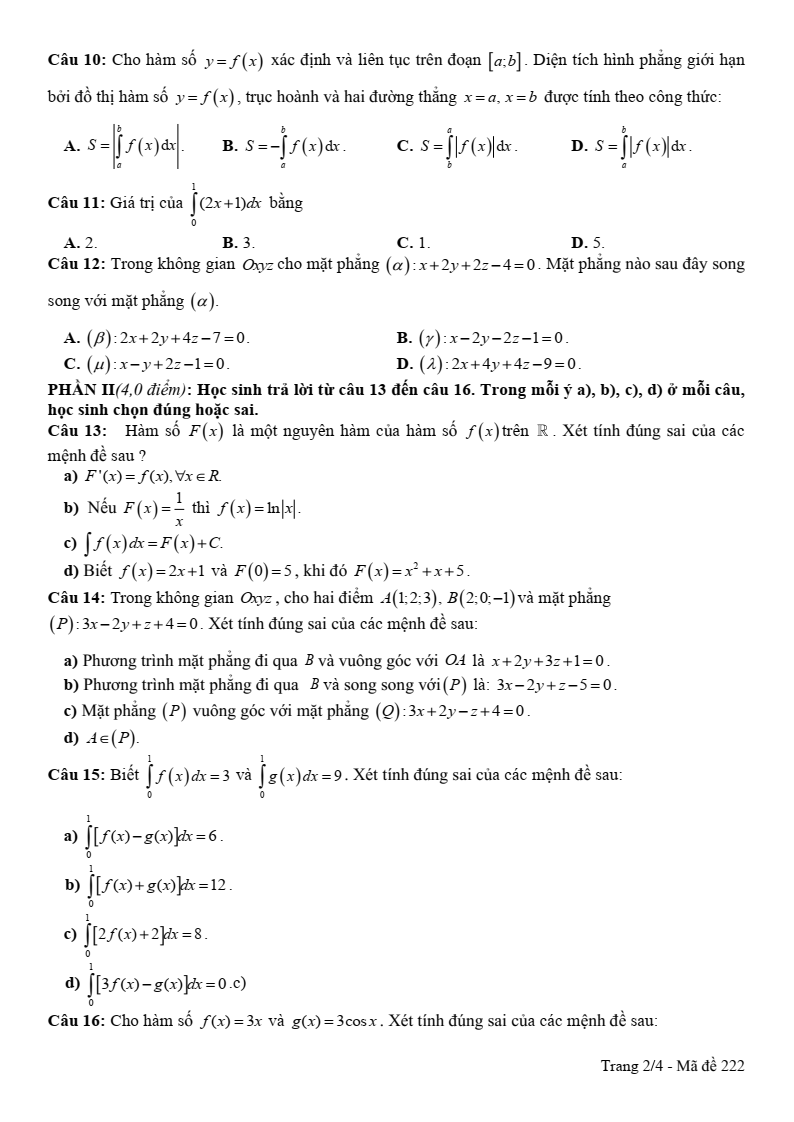 Đề thi Giữa kì 2 Toán 12 trường THPT Vĩnh Linh (Quảng Trị) năm 2025-2026