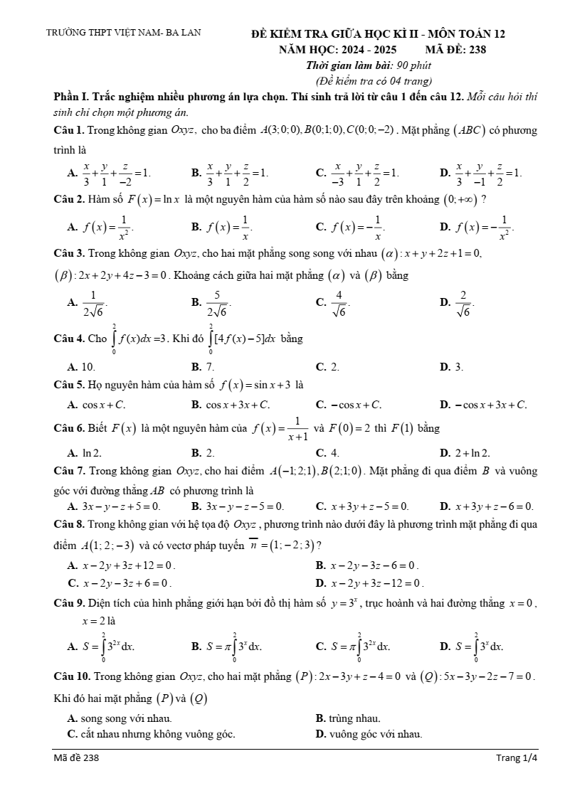 Đề thi Giữa kì 2 Toán 12 trường THPT Việt Nam - Ba Lan (Hà Nội) năm 2024-2025