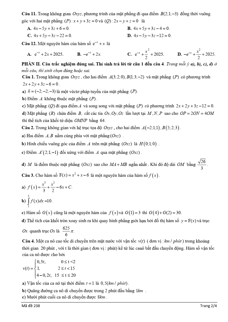 Đề thi Giữa kì 2 Toán 12 trường THPT Việt Nam - Ba Lan (Hà Nội) năm 2024-2025