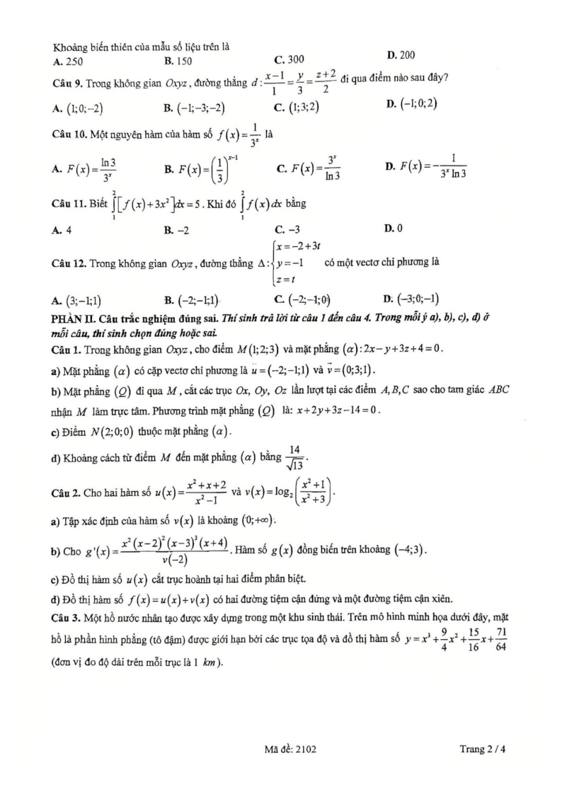 Đề thi Giữa kì 2 Toán 12 trường THPT Yên Hòa (Hà Nội) năm 2025-2026