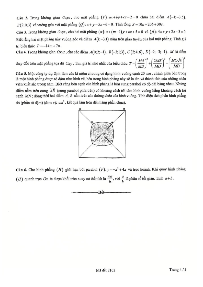 Đề thi Giữa kì 2 Toán 12 trường THPT Yên Hòa (Hà Nội) năm 2025-2026