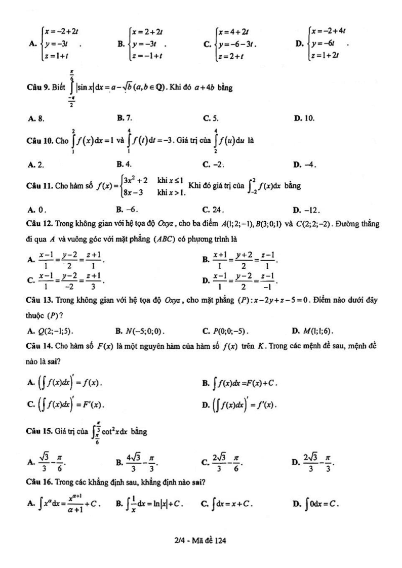 Đề thi Giữa kì 2 Toán 12 trường Trung học Thực hành ĐHSP (Tp.HCM) năm 2024-2025