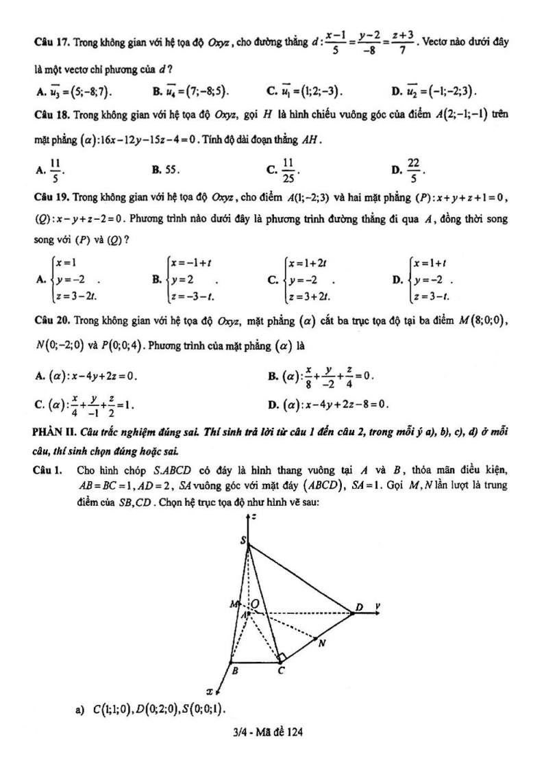 Đề thi Giữa kì 2 Toán 12 trường Trung học Thực hành ĐHSP (Tp.HCM) năm 2024-2025