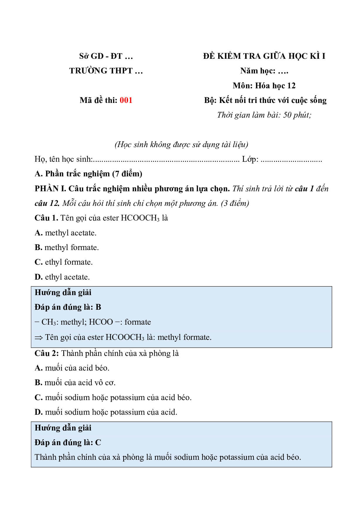 3 Đề thi Giữa kì 1 Hóa học 12 Kết nối tri thức (có đáp án, cấu trúc mới)
