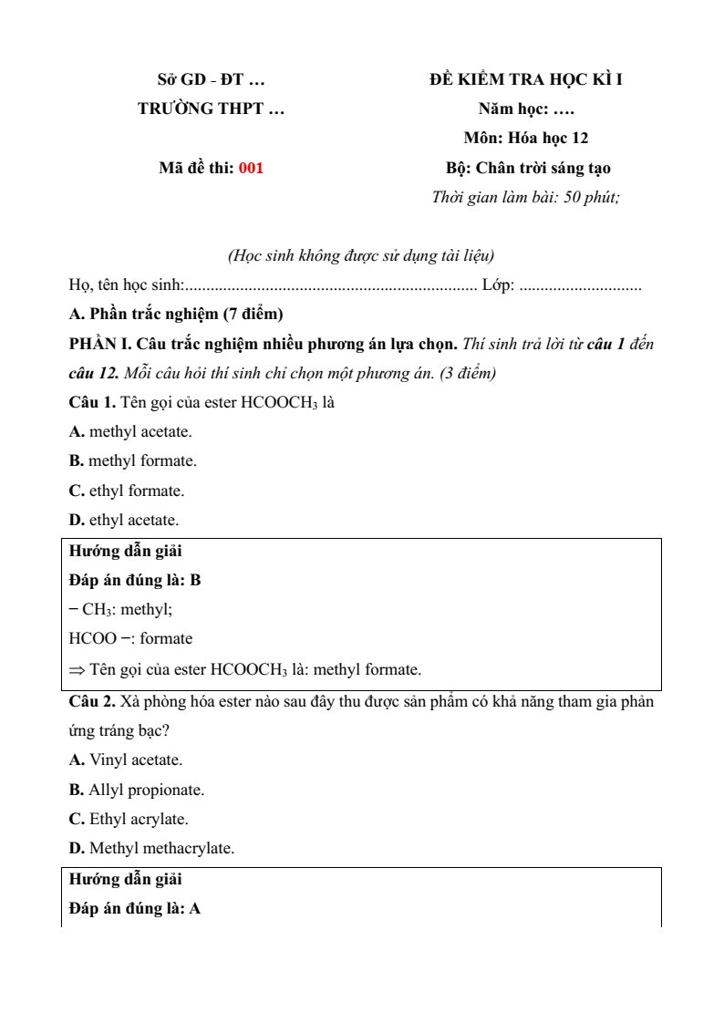 6 Đề thi Học kì 1 Hóa học 12 Chân trời sáng tạo (có đáp án, cấu trúc mới)